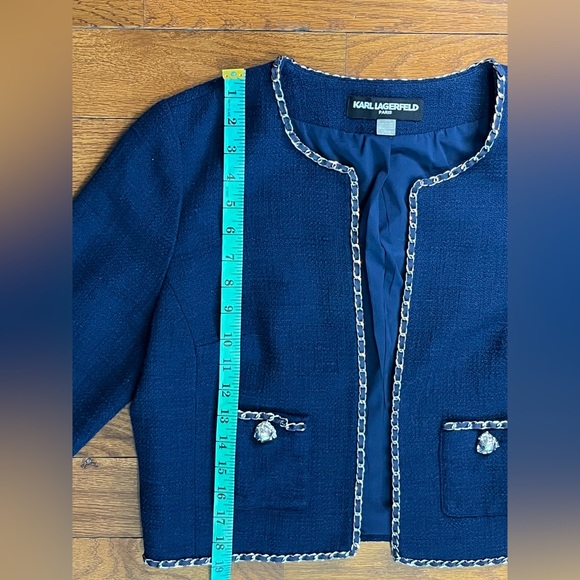 Karl Lagerfeld Paris Navy Tweed Chain Trim Jacket Womens L Great Preowned Condit - Picture 5 of 8